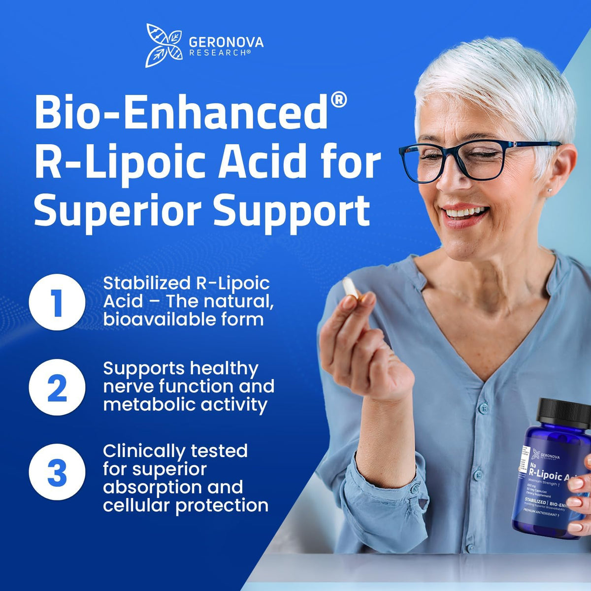 Geronova Research® Bio-Enhanced® R-Lipoic Acid - 600 mg, 60 Capsules