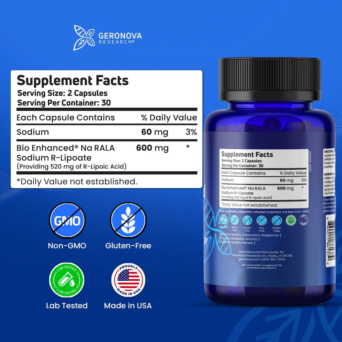 Geronova Research® Bio-Enhanced® R-Lipoic Acid - 600 mg, 60 Capsules