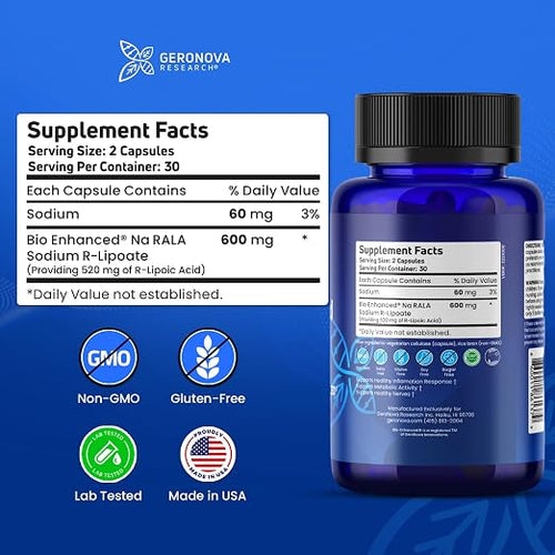 Geronova Research® Bio-Enhanced® R-Lipoic Acid - 600 mg, 60 Capsules