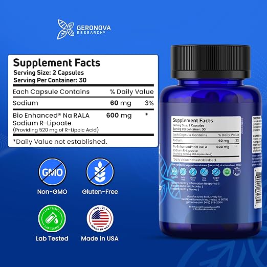 Geronova Research® Bio-Enhanced® R-Lipoic Acid - 600 mg, 60 Capsules