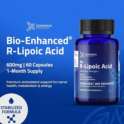 Geronova Research® Bio-Enhanced® R-Lipoic Acid - 600 mg, 60 Capsules